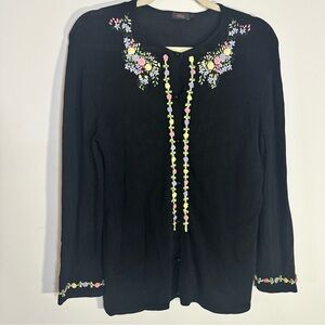 Lilly Black Embroidered Floral Button Front Cardigan Sweater M